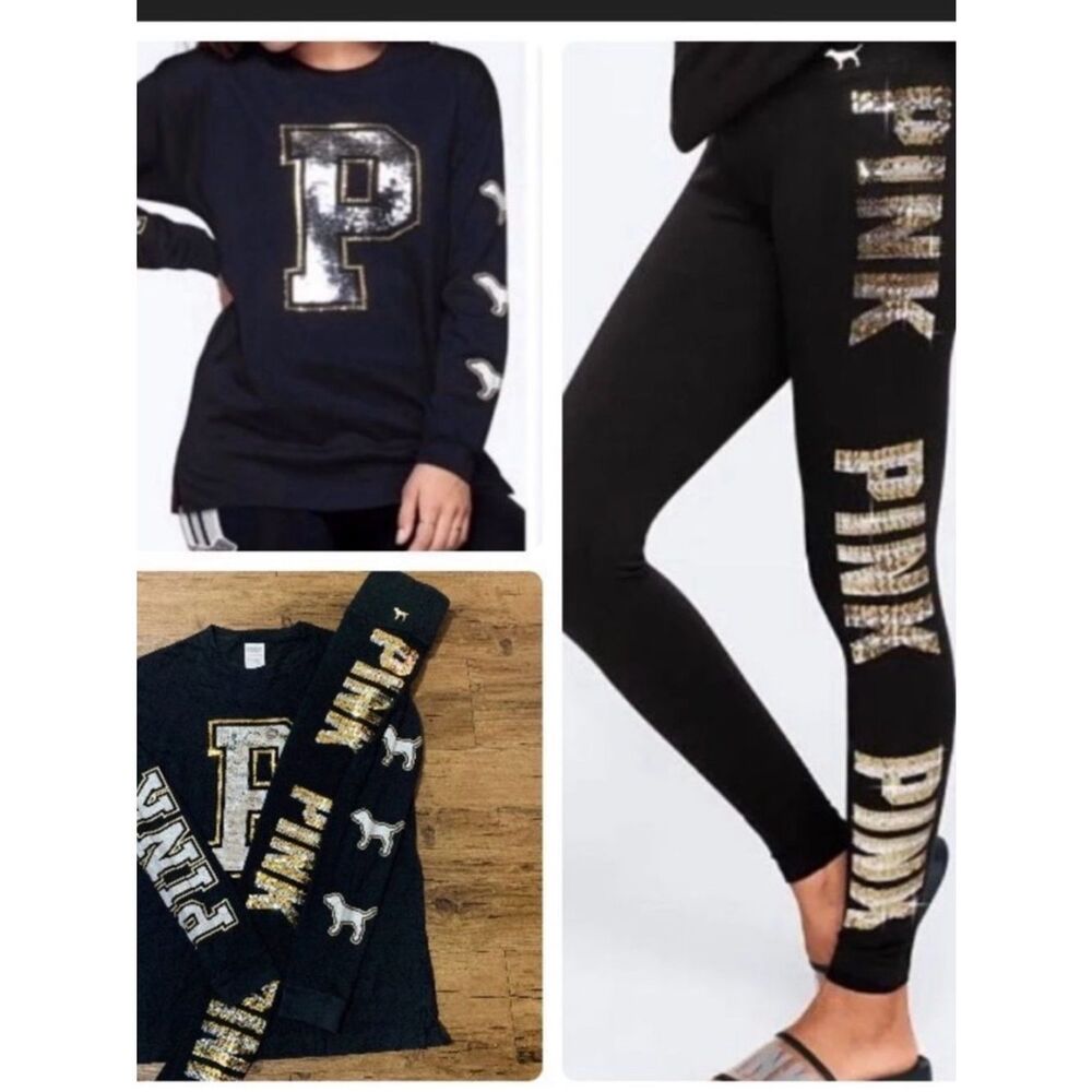 PINK VICTORIA’S SECRET GOLD PUPPY TSHIRT / BLING LEGGINGS S